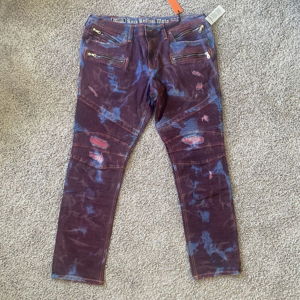 New Rock Revival Moto Elroy Distressed Biker Like Jeans Red Blue Men’s Size 40
